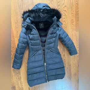 Zara Dark Blue Long Quilted Puffer Coat with Faux Fur Hood